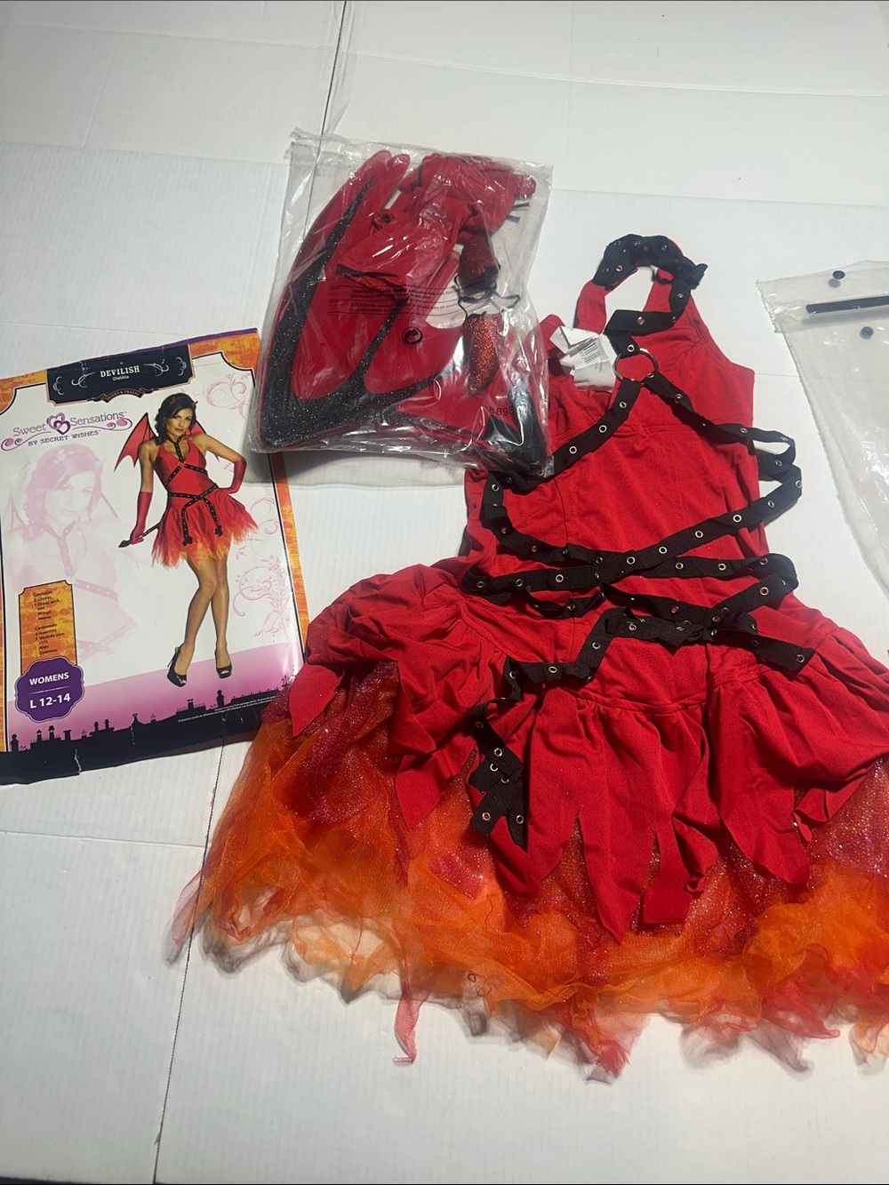 NIB Sweet Sensations devilish Red & Orange Costume Dress with Straps gloves wing